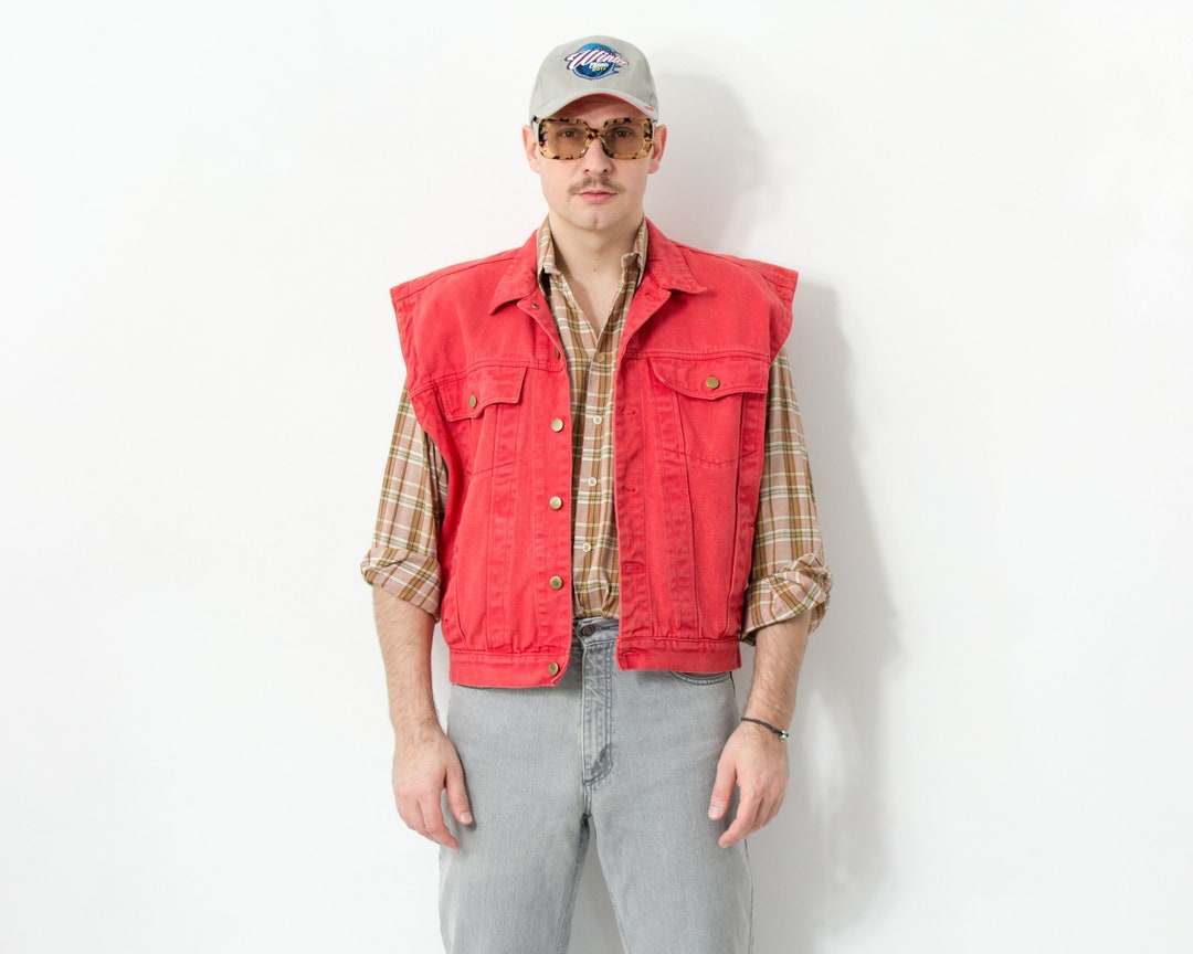 Oversized Red Denim Vest 90s Vintage Sleeveless Men Size L Etsy