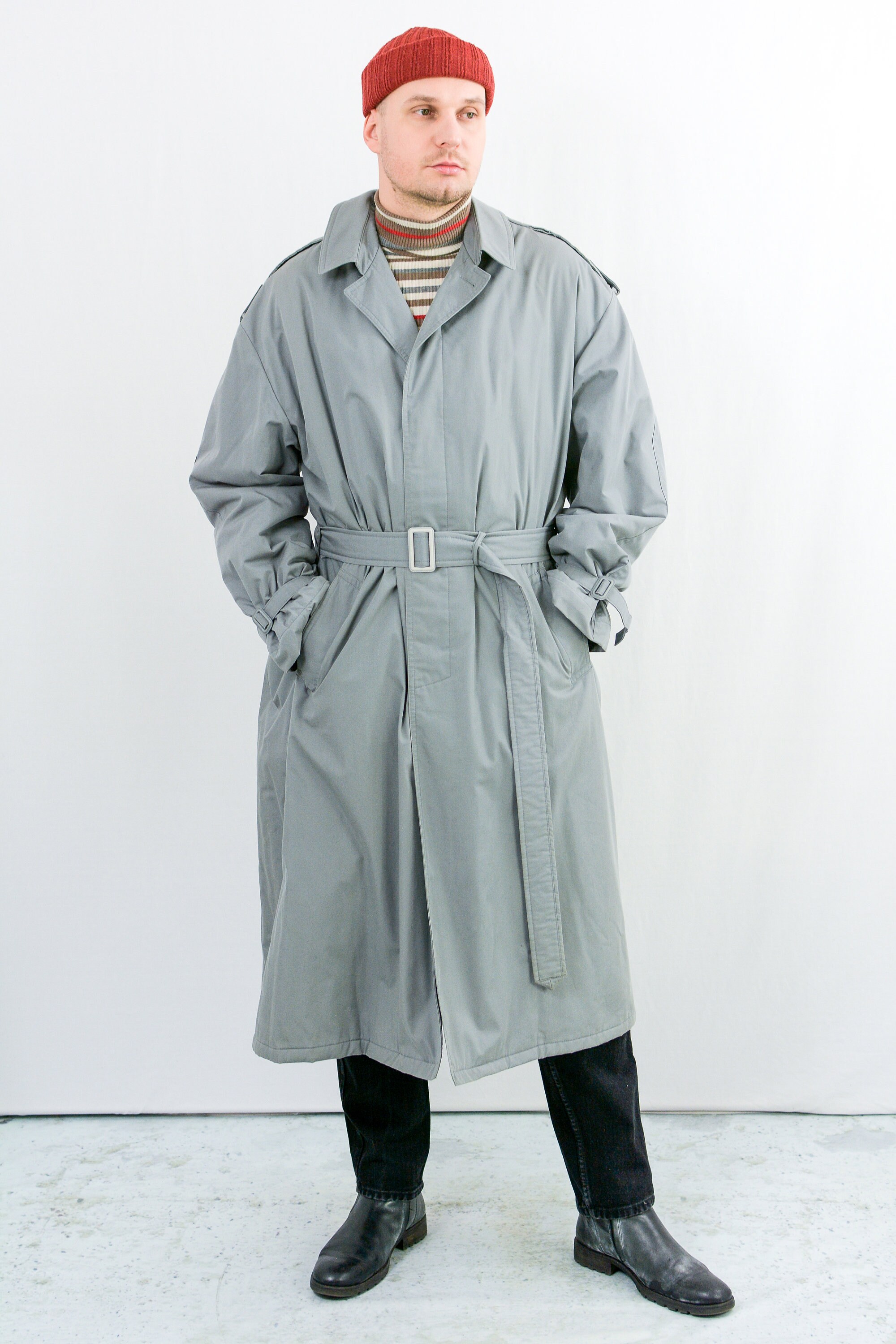 Vintage 80s Trench Gray Coat Insulated 