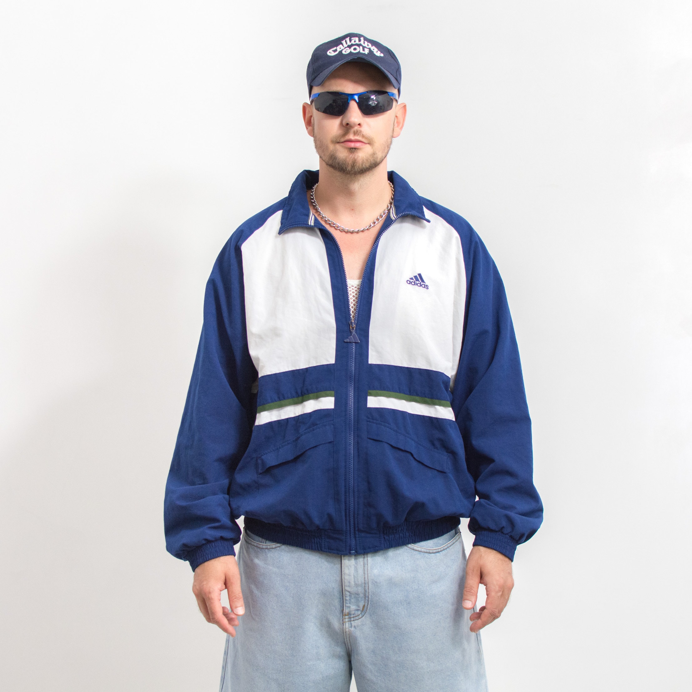 ADIDAS track jacket blue white zip up windbreaker men size L XL