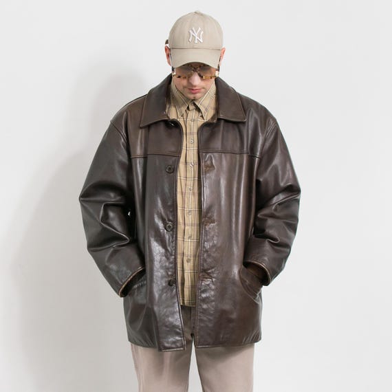 Brown Leather Jacket Vintage 90s Minimalist Oversized Coat Men