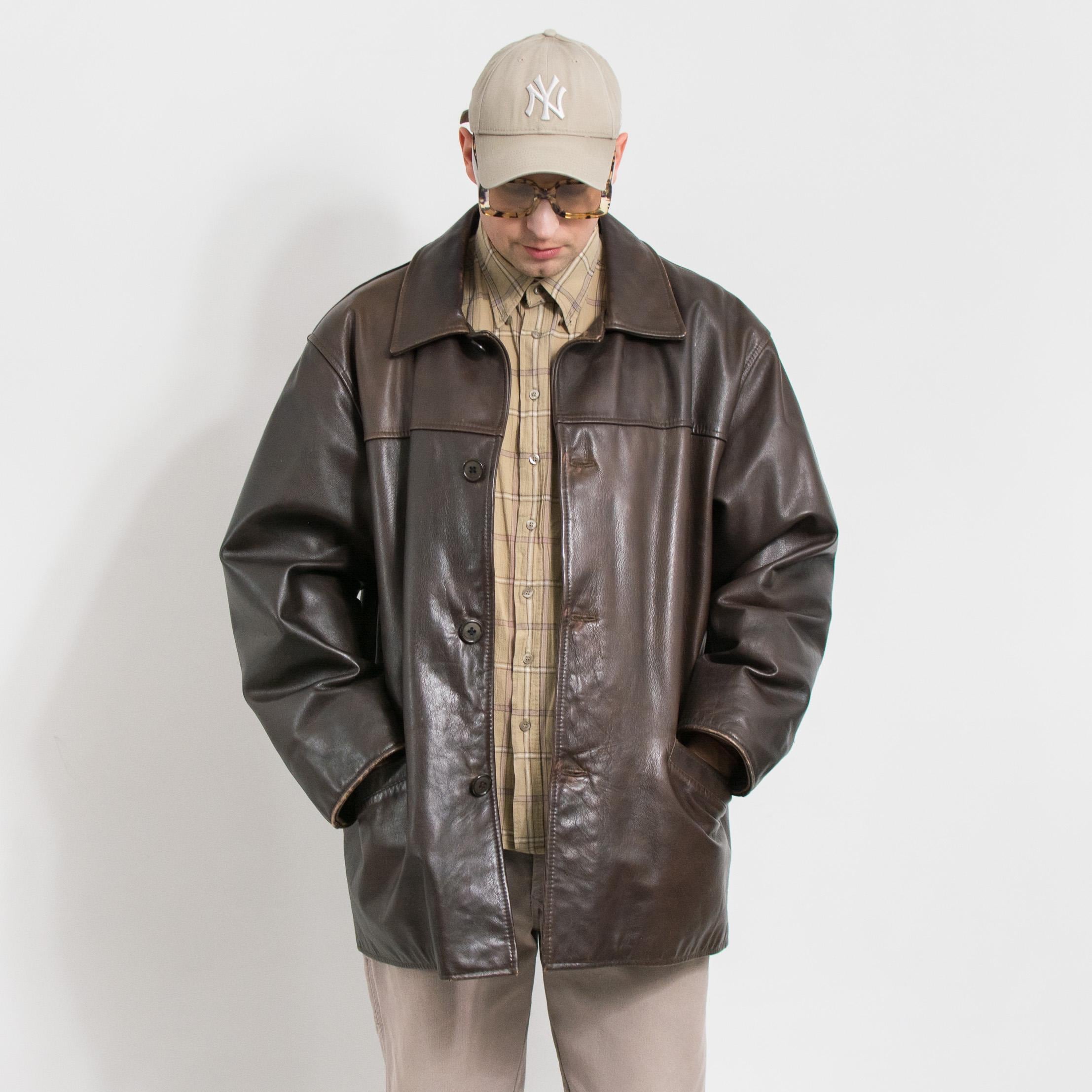 Brown Leather Jacket Vintage 90s Minimalist Oversized Coat Men