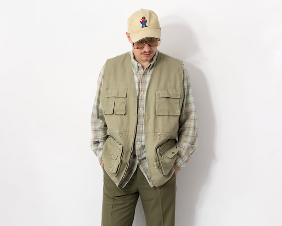 Fishing Vest Khaki Gilet Vintage 90s Cargo Hunting Jacket Men Size