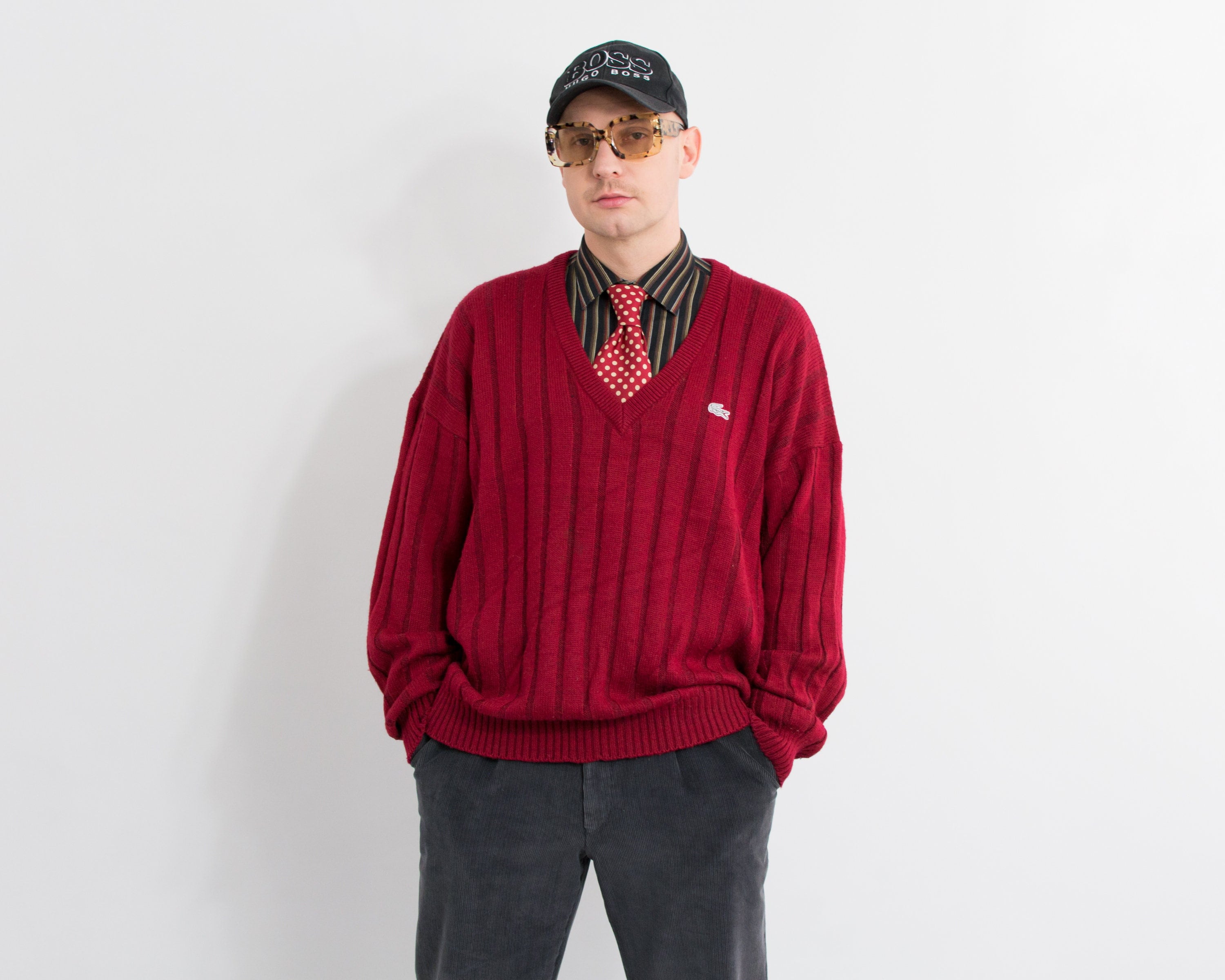 Lacoste Vintage Burgundy V Neck Sweater Red Wool Mohair