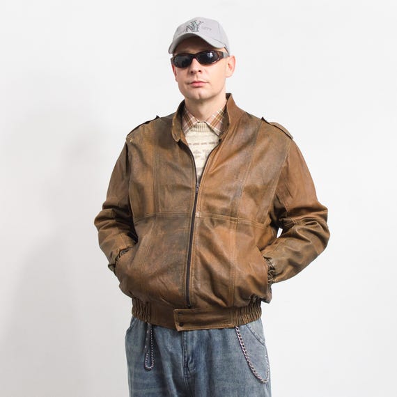 Leather Bomber Jacket Brown Vintage 80's Men Size L/XL - Etsy
