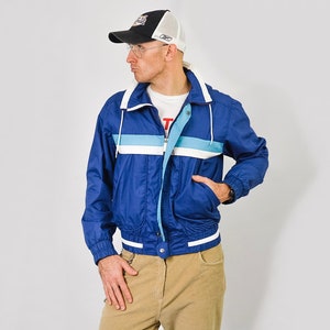 Vintage 80s Blue Nylon Windbreaker Jacket: Full Zip Sport Tracksuit (L)