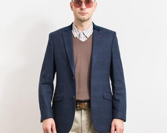 Blazer deportivo de lana Harvie & Hudson Cuello de terciopelo a cuadros azul marino