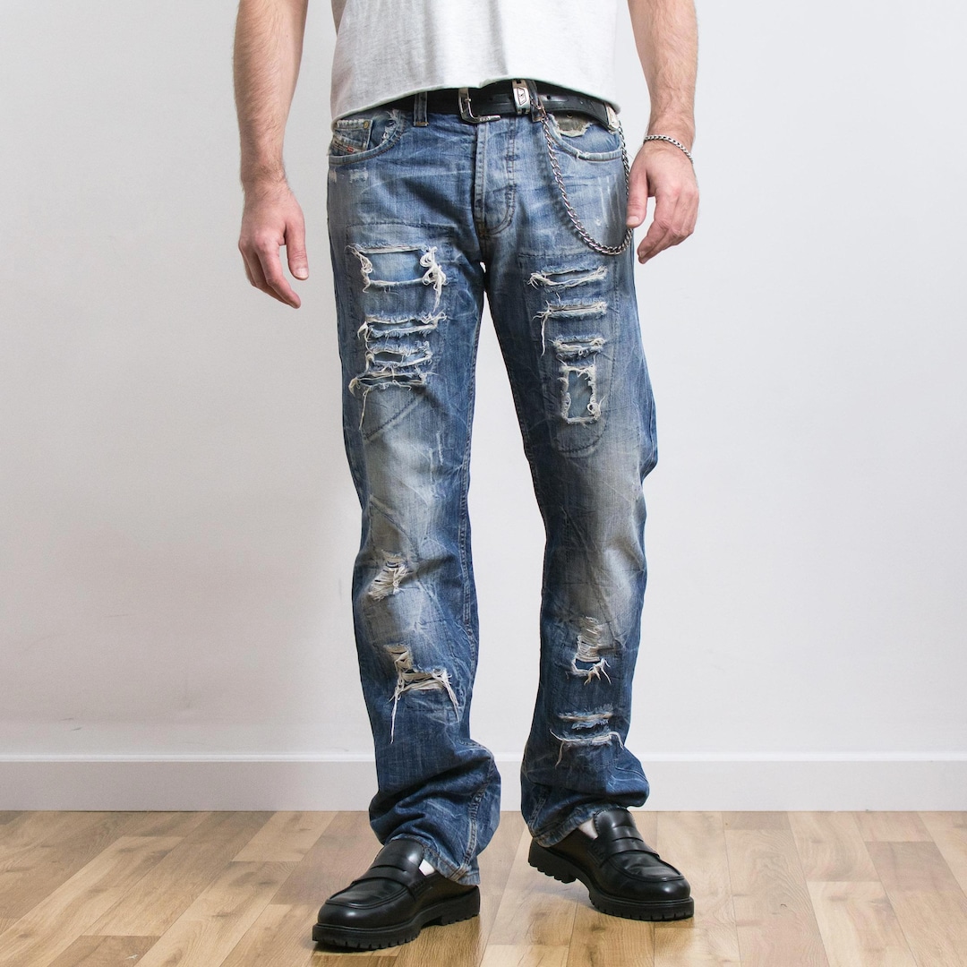 diesel ダメージデニムパンツ　y2k Diesel Y2K Distressed Straight Leg Jeans Size 32 - Etsy