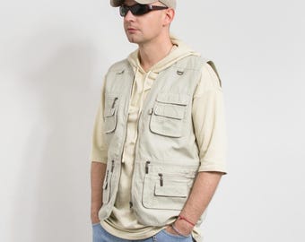 Vintage Utility Vest 90's Cargo Sleeveless Jacket Men Size L