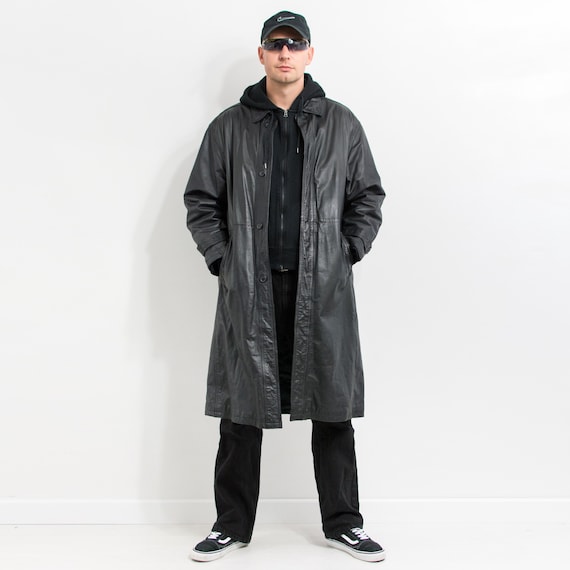 Black Leather Trench Coat Vintage 90's Men Size L - Etsy