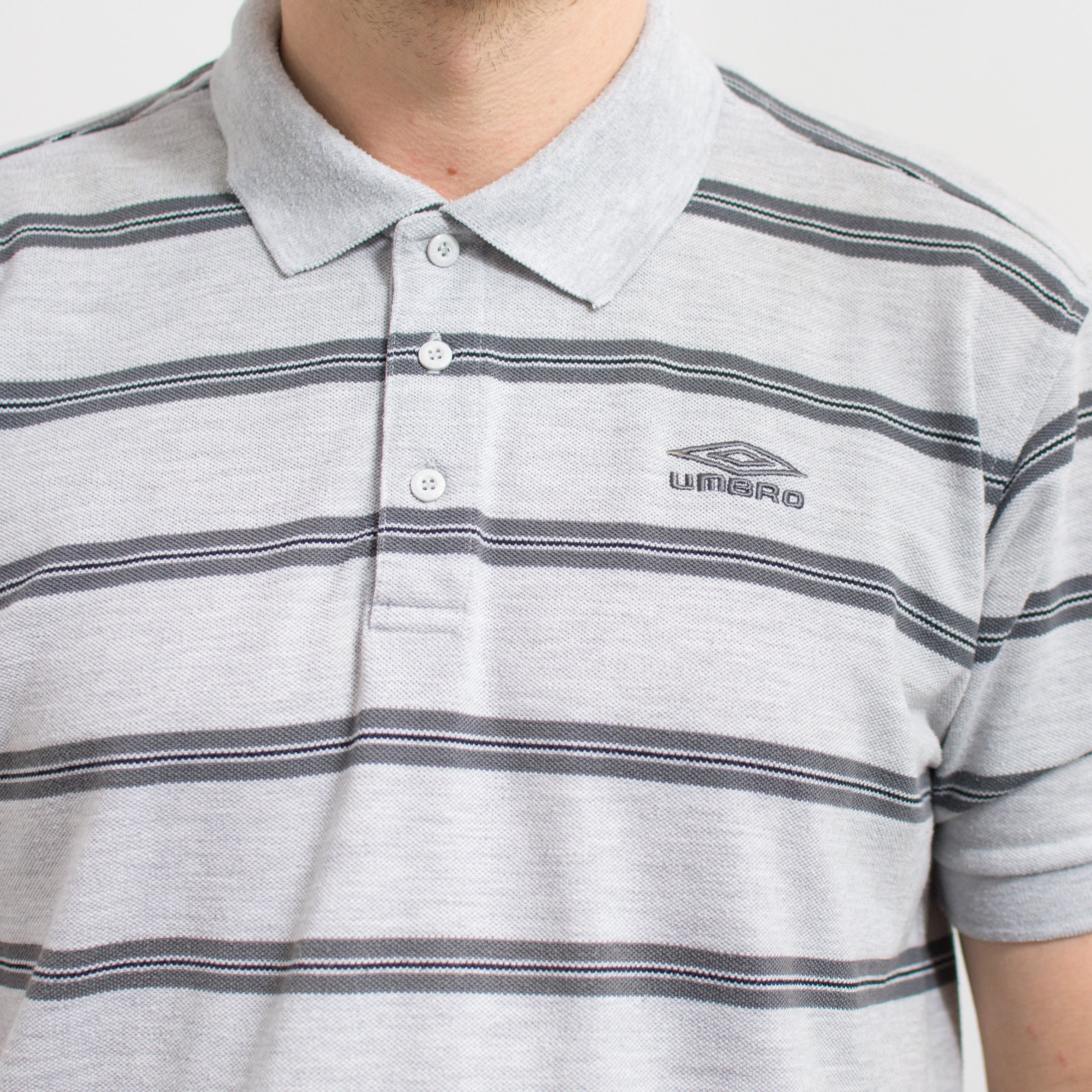 UMBRO Polo Shirt Gray Vintage Striped Collared Top Men Short 