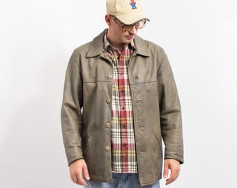 Leather jacket Vintage khaki green coat men size M