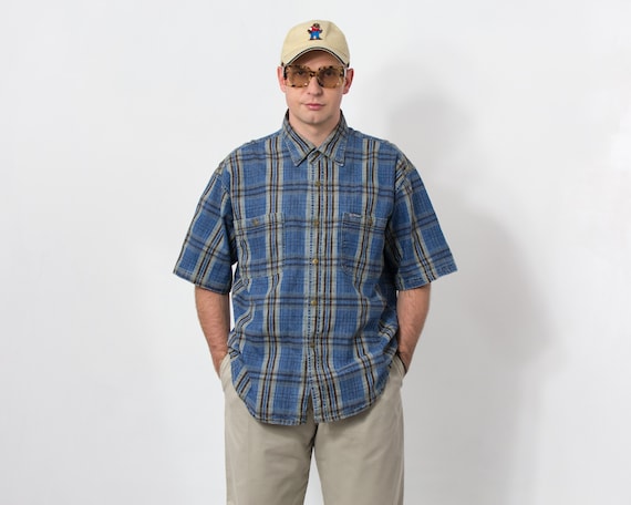 Vintage 90s Plaid Denim Shirt Short Sleeve Men Size XL Canada