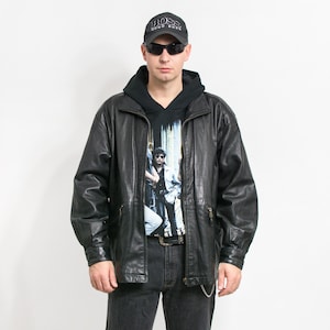 Blouson cuir noir vintage 90's minimaliste oversize homme taille XXL