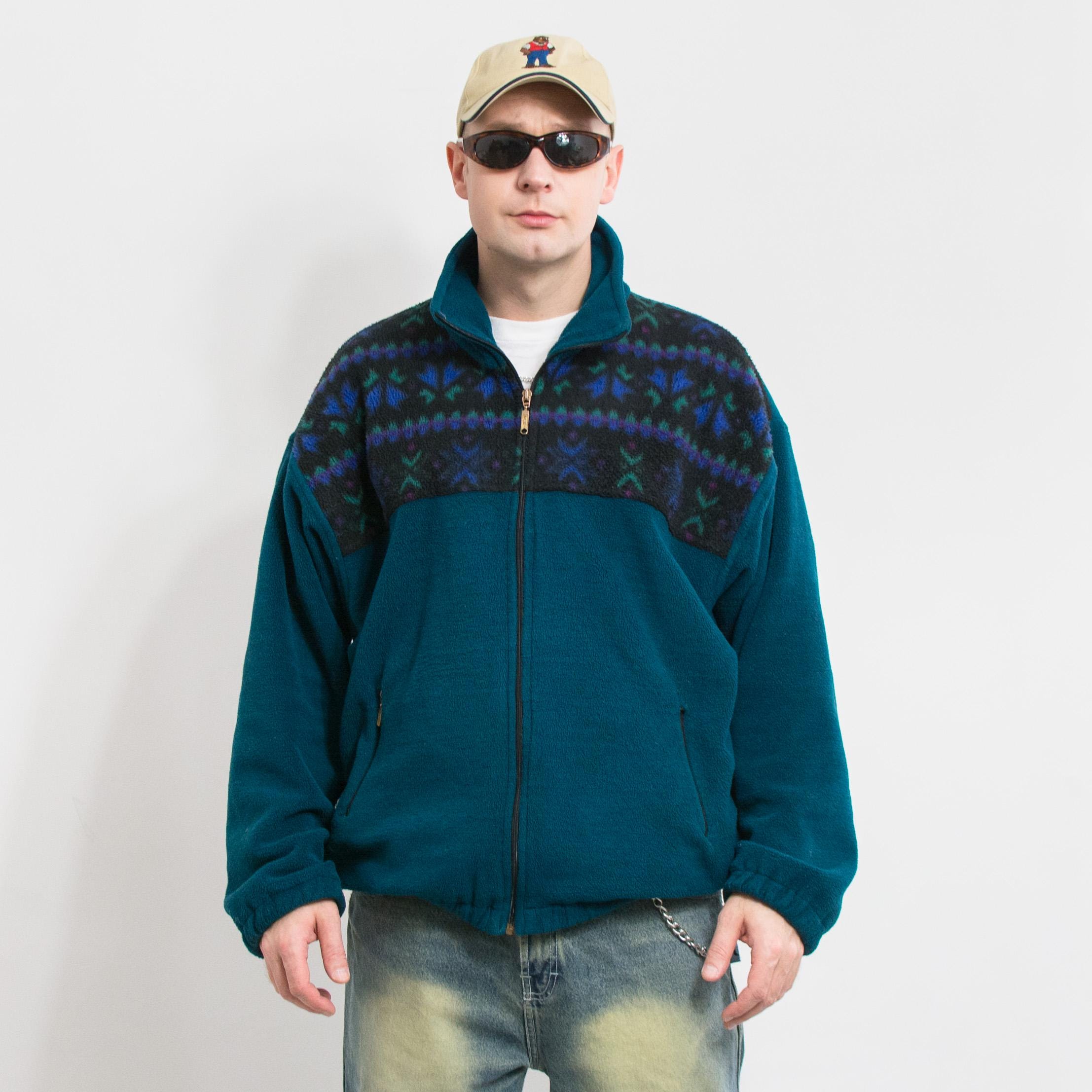 Fleece Jacket Vintage 90's Sweatshirt Zippered Oversized Men Size