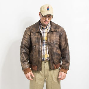 Blouson aviateur en cuir marron effet vieilli vintage homme taille XL