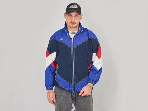 Vintage Windbreaker 90's Sport Jacket Multi Colour Block Activewear Blue Red White Hipster Full Zip S/M