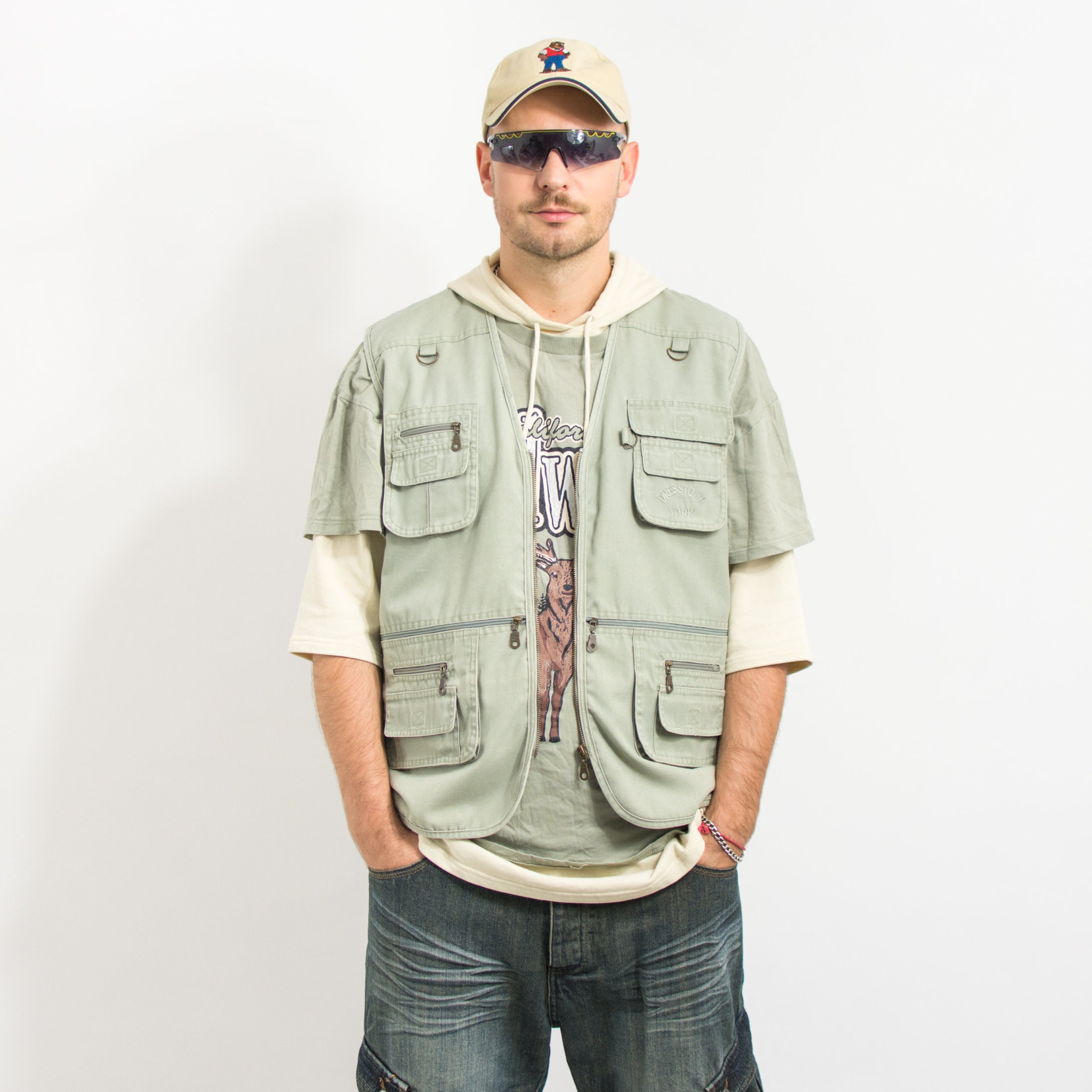 新作 Cargo Denim Vintage Vest Fishing 90's Men Jacket Sleeveless ウェア