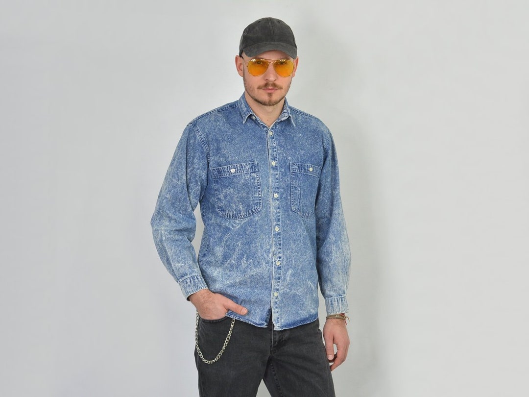 Acid Wash SHIRT Denim Vintage Blue Jean Button Down up Acid Wash SHIRT Denim Vintage Blue Jean Button Down up