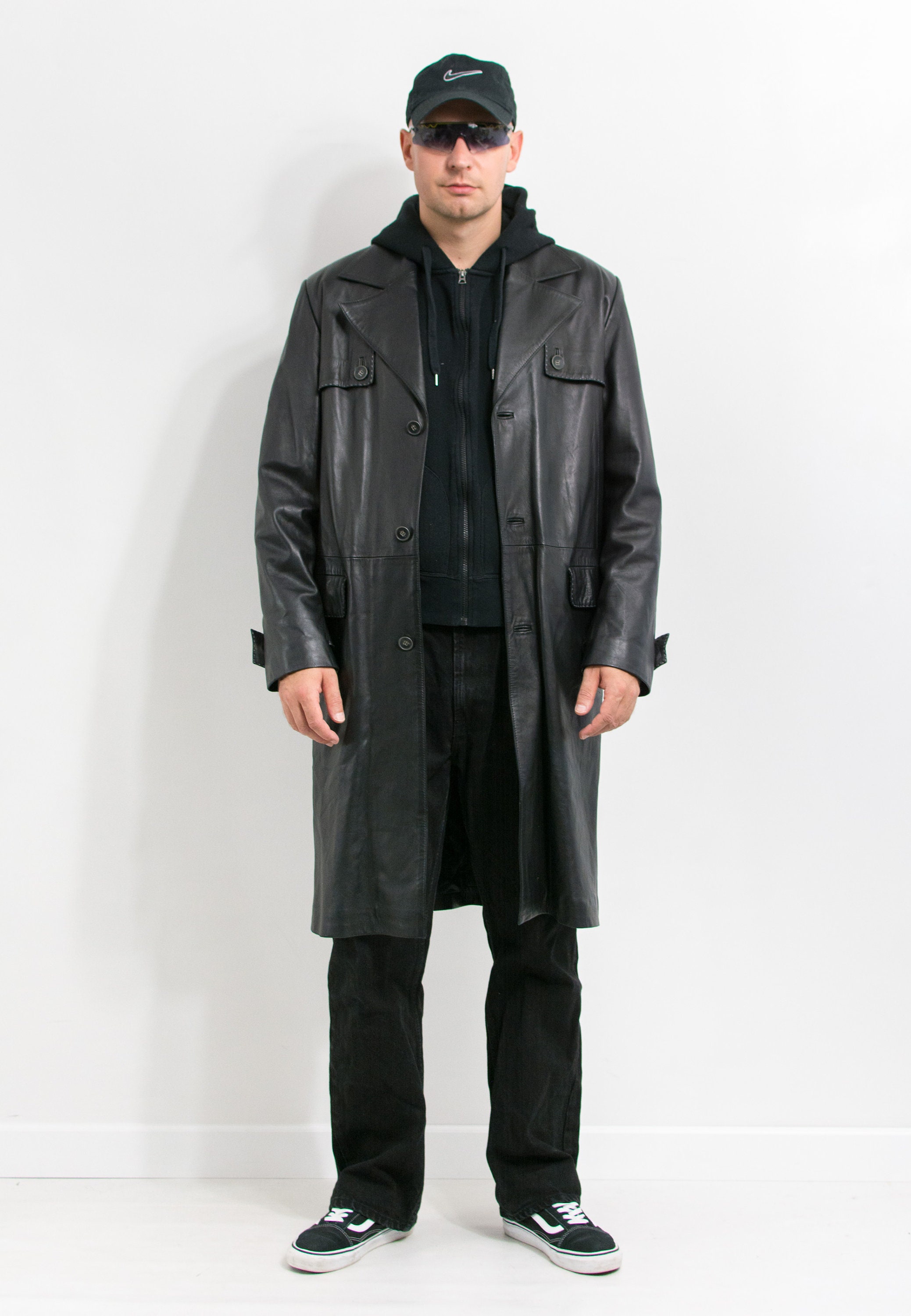 Leather Trench Coat Vintage Black Men Size L - Etsy