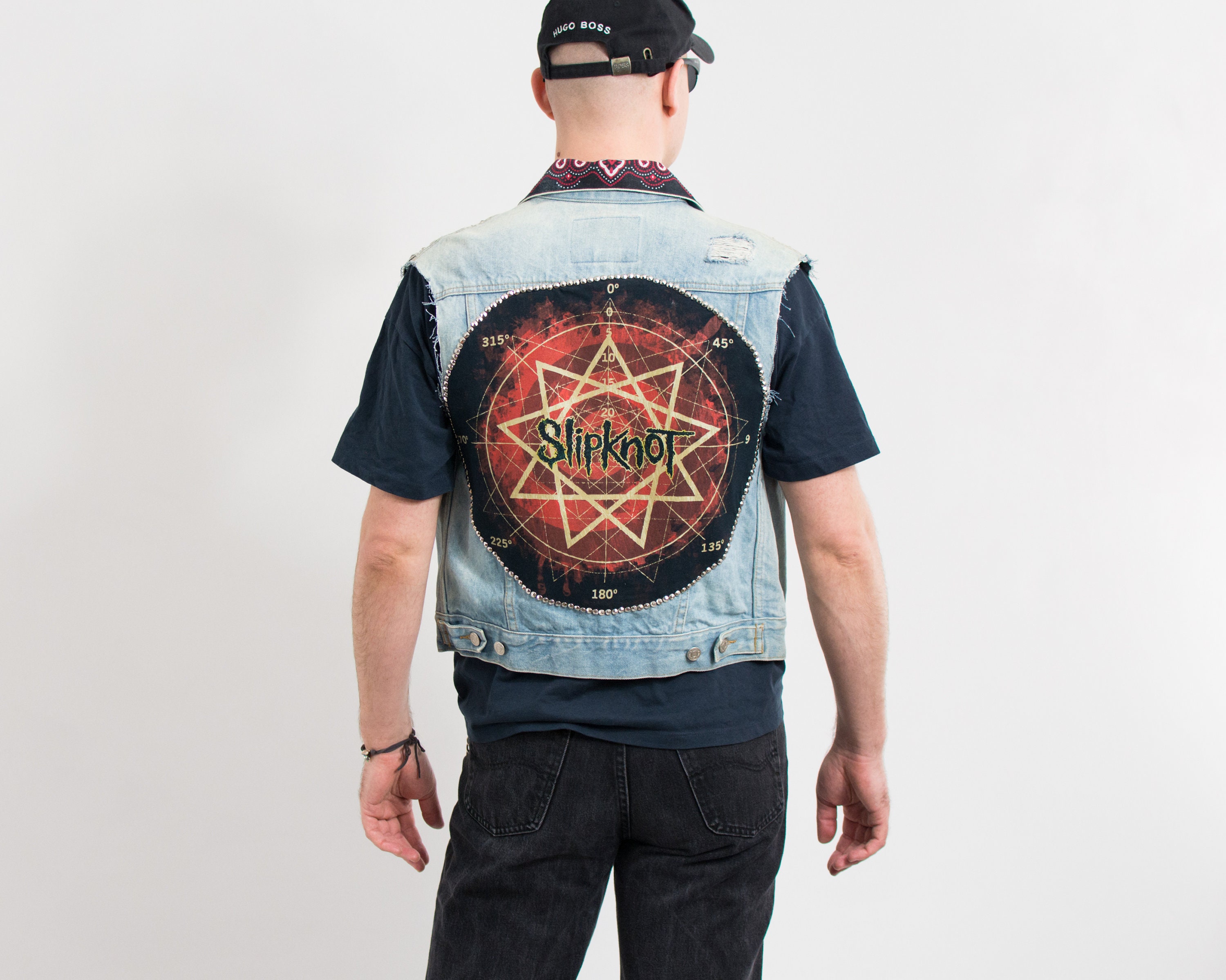 【DISCERNMENT】Detail Denim Anorak Vest Slipknot Denim Vest Reworked Vintage Distressed Studded