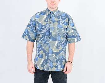 Printed cotton shirt abstract pattern blue short sleeved collared vintage 90s men L