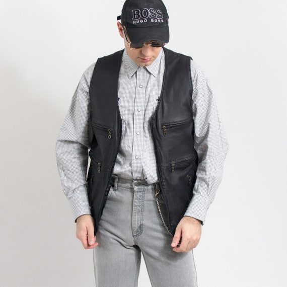 Black Leather Vest Vintage Sleeveless Jacket Men Size M Etsy