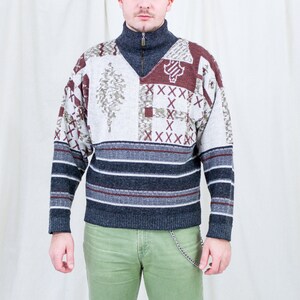 Vintage sweater mockneck striped patterned zip up pullover men M/L