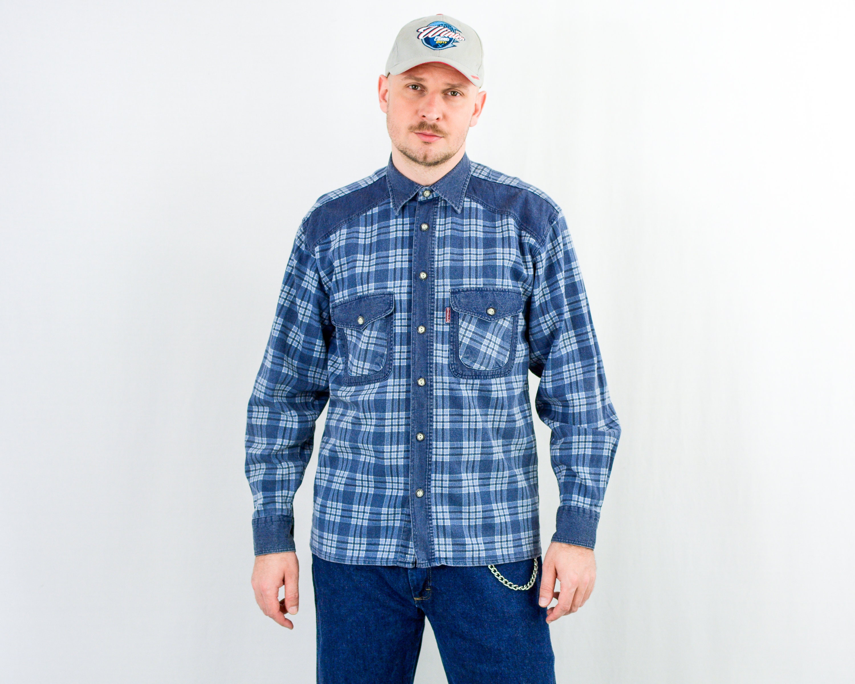 Plaid corduroy shirt 90s vintage blue button down men long sleeve Medium