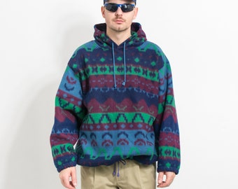 Vintage fleece hoodie aztec sweatshirt 90's hooded multi colour hoodie men size XL