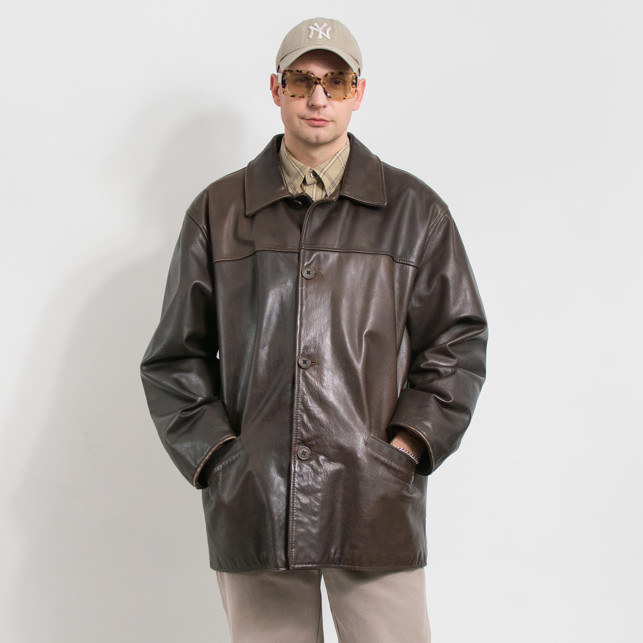 Brown Leather Jacket Vintage 90s Minimalist Oversized Coat Men