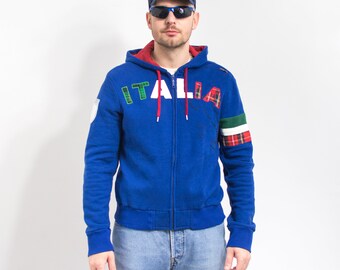 ITALIA Hoodie Y2K blau Zip Up Sweatshirt Vintage Männer Gr. L