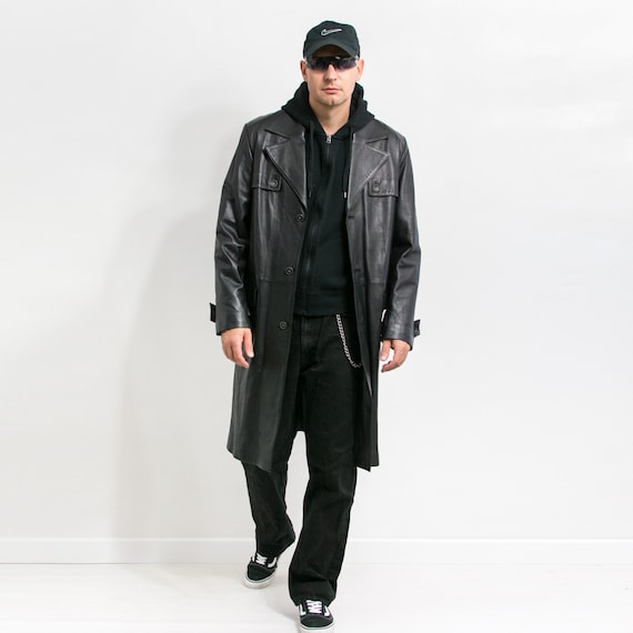 Leather Trench Coat Vintage Black Men Size L - Etsy Leather Trench Coat Vintage Black Men Size L - Etsy