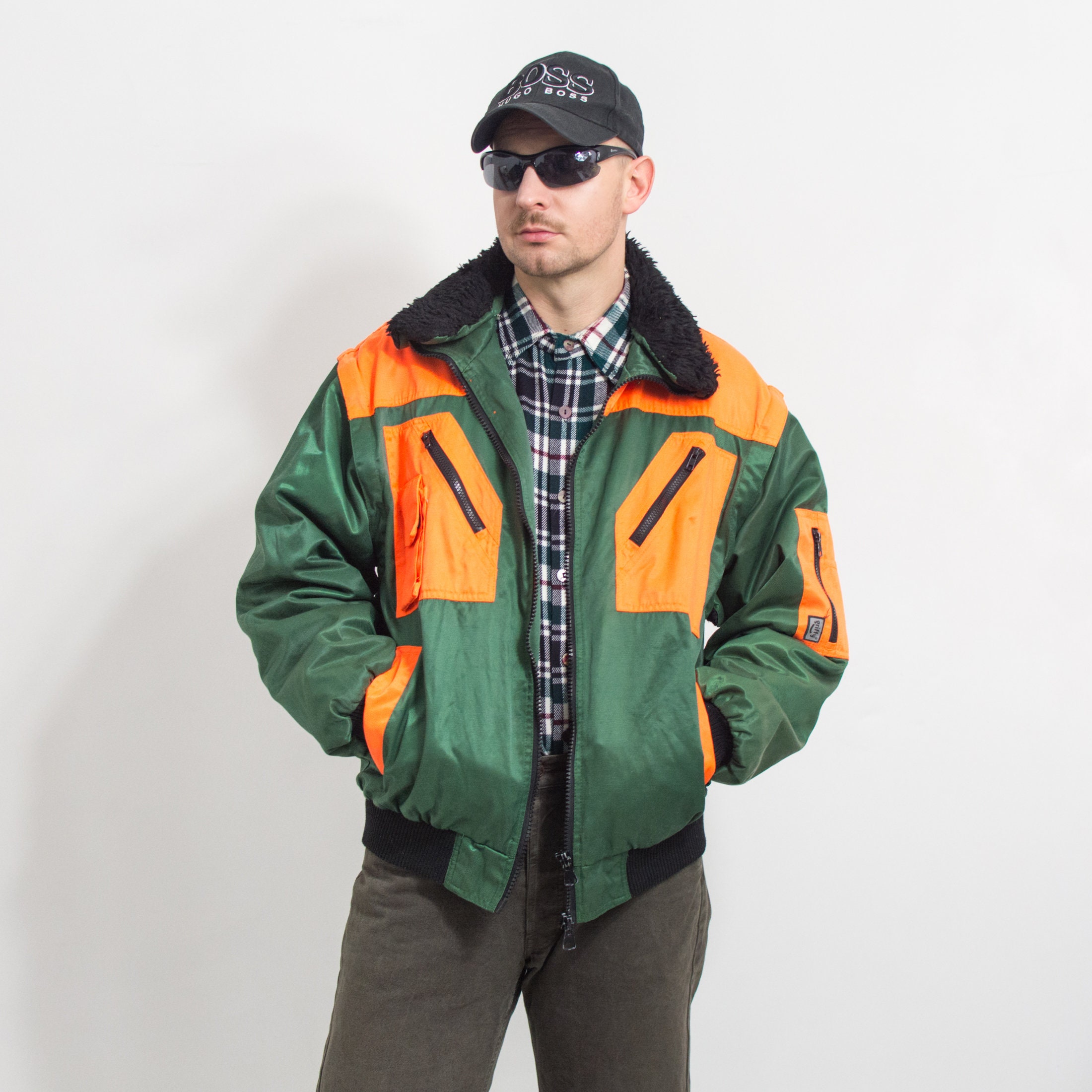 Working Jacket Puffy Bomber Orange Green Puffer Men Size L Etsy
