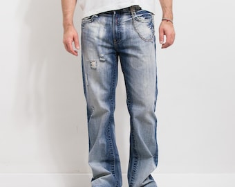 Vintage Y2K Fishbone Bootcut Jeans | distressed faded denim | men's size W34 L34