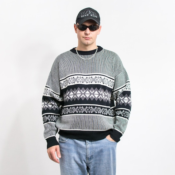 Vintage 90's Sweater Zig Zag Black White Turkish Jumper Retro