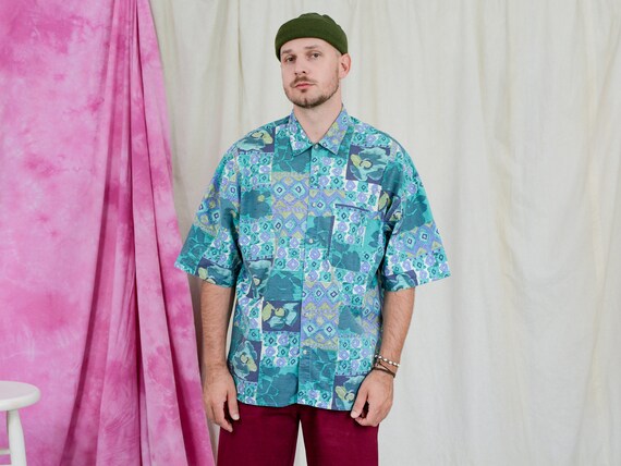 80'S Vintage Long Sleeve Work Shirt Made in USA Men's XL unclear green type Vintage Second Hand