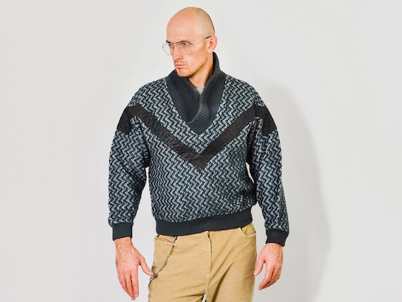 80s sweater men patchwork leather Patterned pullo… - image 1