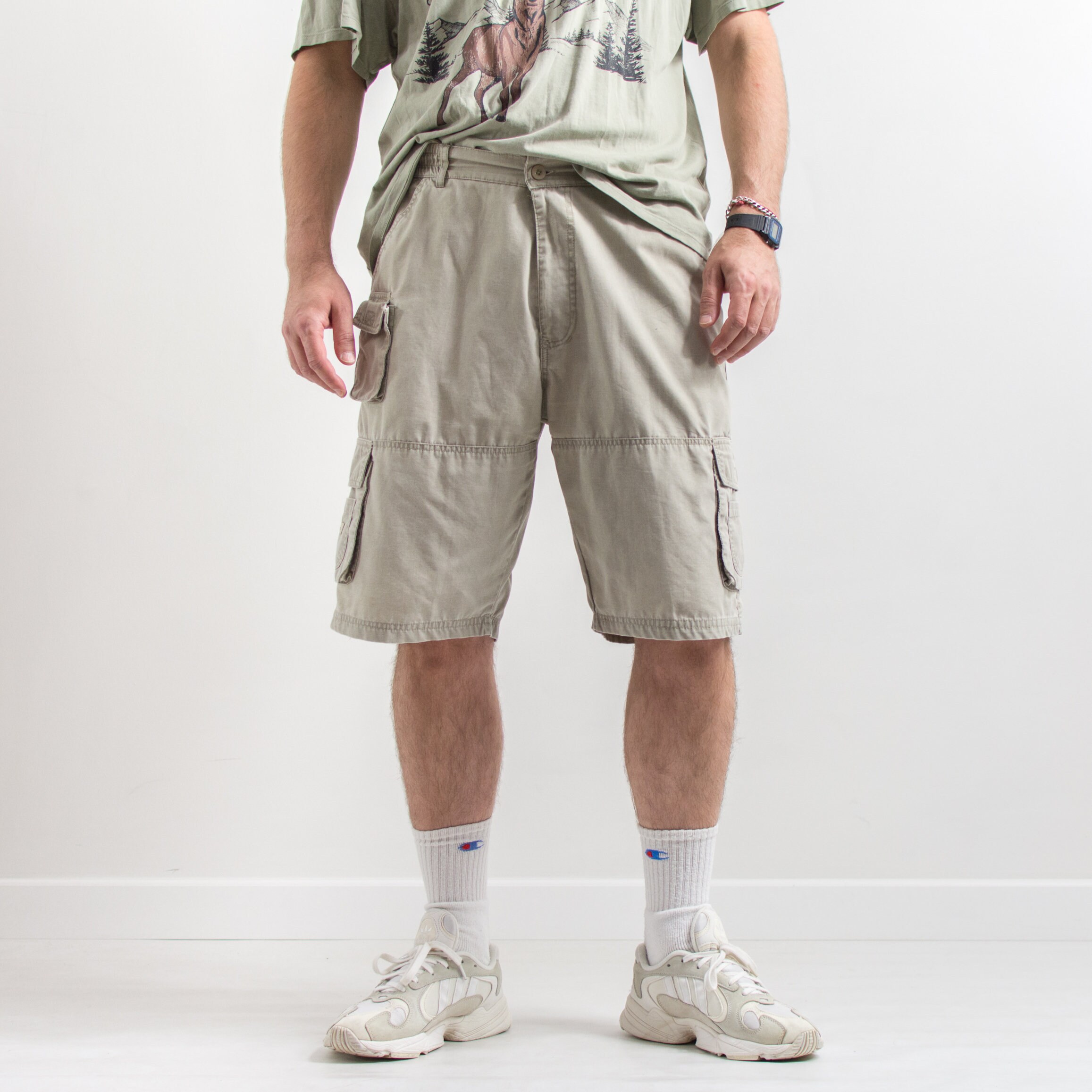 【Anyone more】Tui Vintage Wide Big Cargo Bermuda Pants White Sand men's stretch cotton cargo bermuda shorts