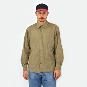 Military Corduroy SHIRT vintage khaki button down up 1990's hipster grunge Long sleeve mens L