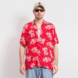 Vintage Yacht Club Shirt | red nautical print button-up | short sleeve men’s summer top | size L/XL