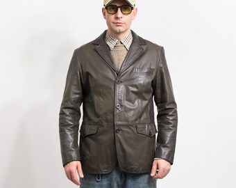 Brown leather jacket vintage 70's fitted blazer men size L