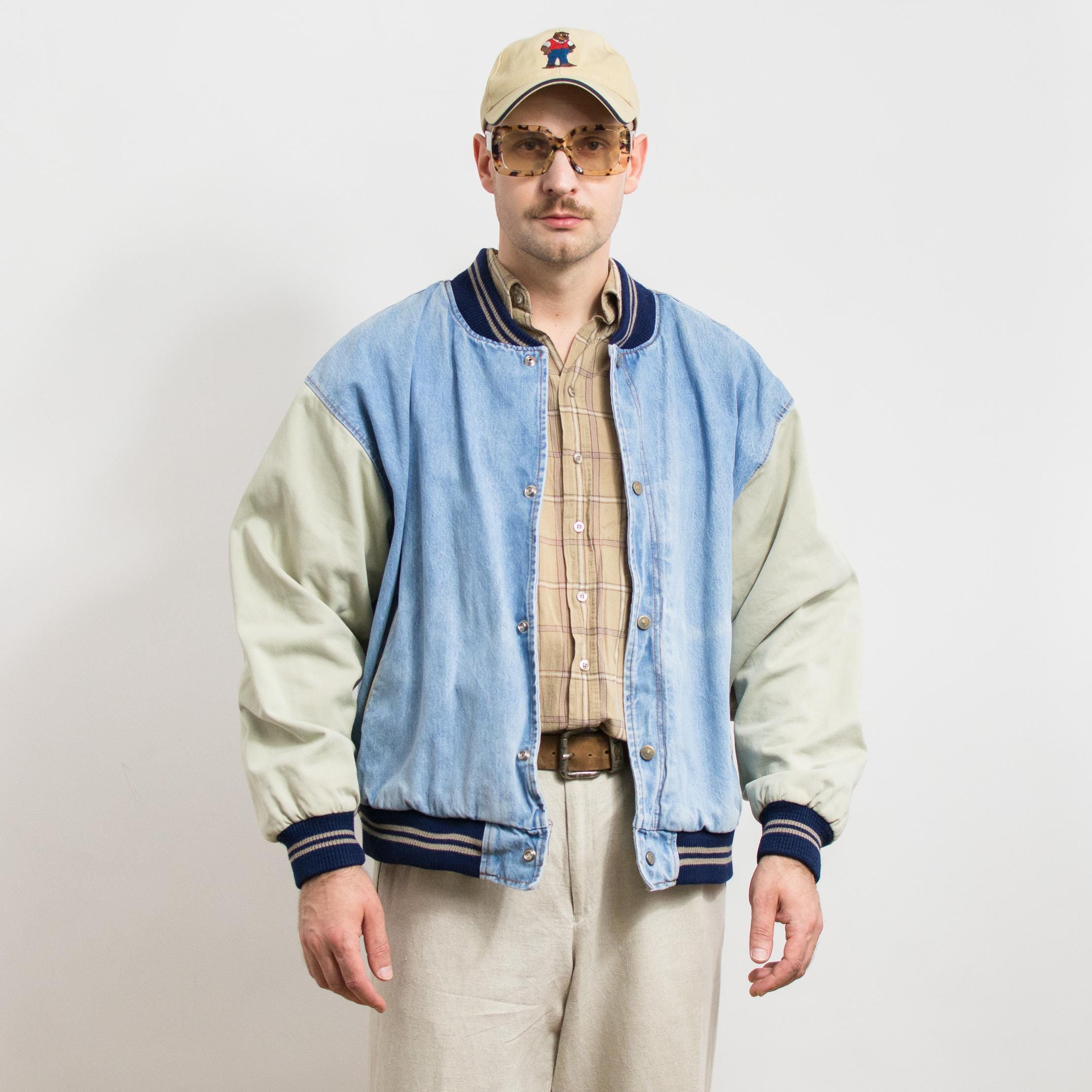 Vintage 90s Denim Bomber Jacket | Oversized Streetwear Varsity