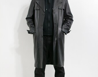 ◆DEINET◆ VINTAGE LEATHER TRENCH COAT IN BLACK KDTXE4F8311 Vintage MDK Leather Trench Coat, Black Long Single Breasted