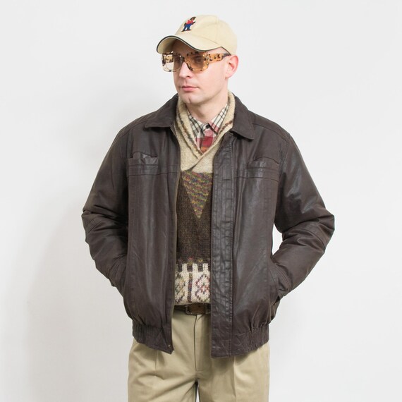 Leather Bomber Jacket Brown Vintage 90's Men Size M/L - Etsy