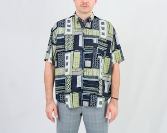 Printed shirt short sleeved 90s vintage mens top abstract geometric pattern L/XL