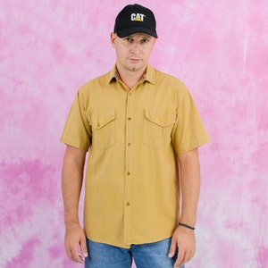 Mustard cotton shirt summer safari short sleeve vintage men sun minimalis M Medium