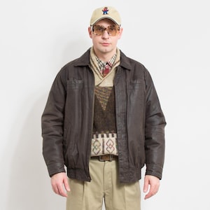 Blouson aviateur en cuir marron vintage des années 90 homme taille M/L