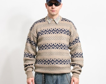 Vintage Wool sweater 90's beige zig zag pullover nordic men size XL