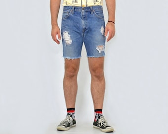 Distressed Levis shorts men vintage blue high waist waisted distressed cut off leg hipster unisex cutoffs 1990's M/L W33