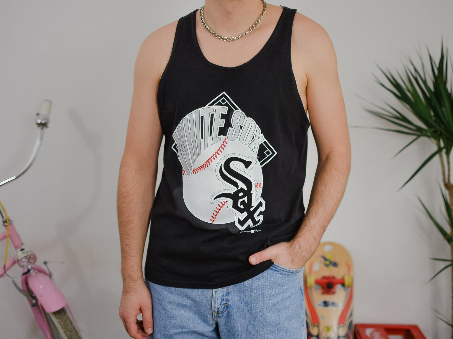 WHITE SOX Tank Top Vintage 1994 Black Printed Baseball Shirt